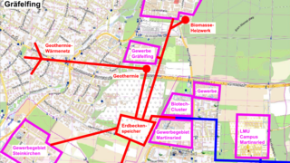 In der Kiesgrube zwischen Gräfelfing und Martinsried könnte ein besonderes Nachhaltigkeitsprojekt entstehen (Landkarte: OpenStreetMap / Skizze: Martin Feldner)