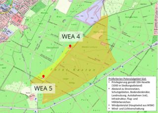 Potenzialfläche im Forst Kasten mit möchlichen Standorten für Wind-Energie-Anlagen (WEA) Skizze: Energieagentur Ebersberg-München