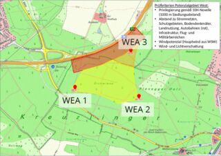 Potenzialfläche im Planegger Holz mit möchlichen Standorten für Wind-Energie-Anlagen (WEA) Skizze: Energieagentur Ebersberg-München