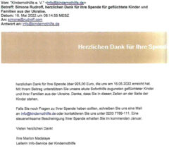 Dank-E-Mail der Kindernothilfe (Scan: Gemeinde Karailling)