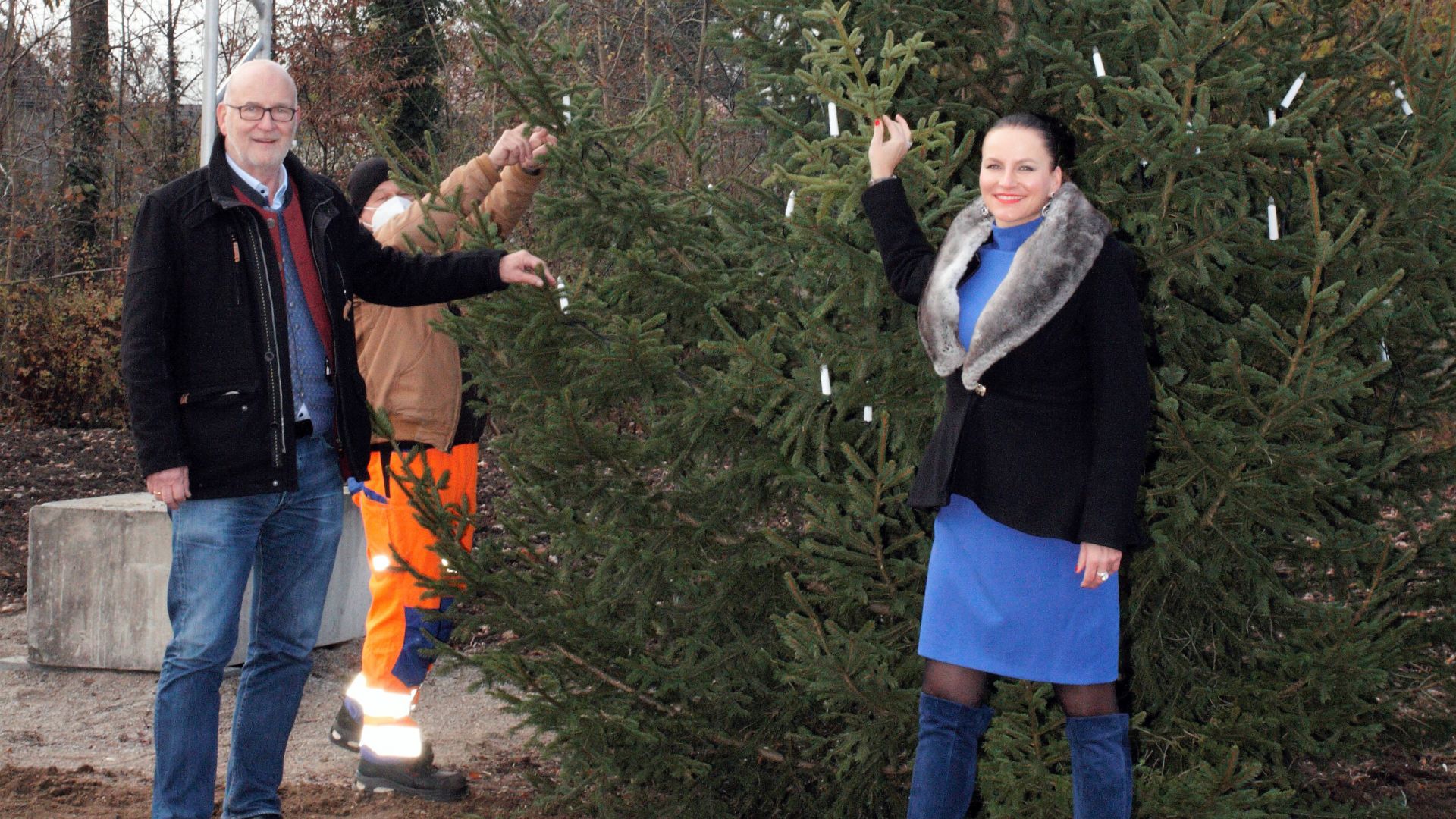 Aufstellen des Christbaums auf der Maibaumwiese (v.l.n.r.): Bürgermeister Rudolph Haux, Thomas Koller (Bauhof) und Dr. Jur. Katerina Radostova, die den Baum gespendet hat.